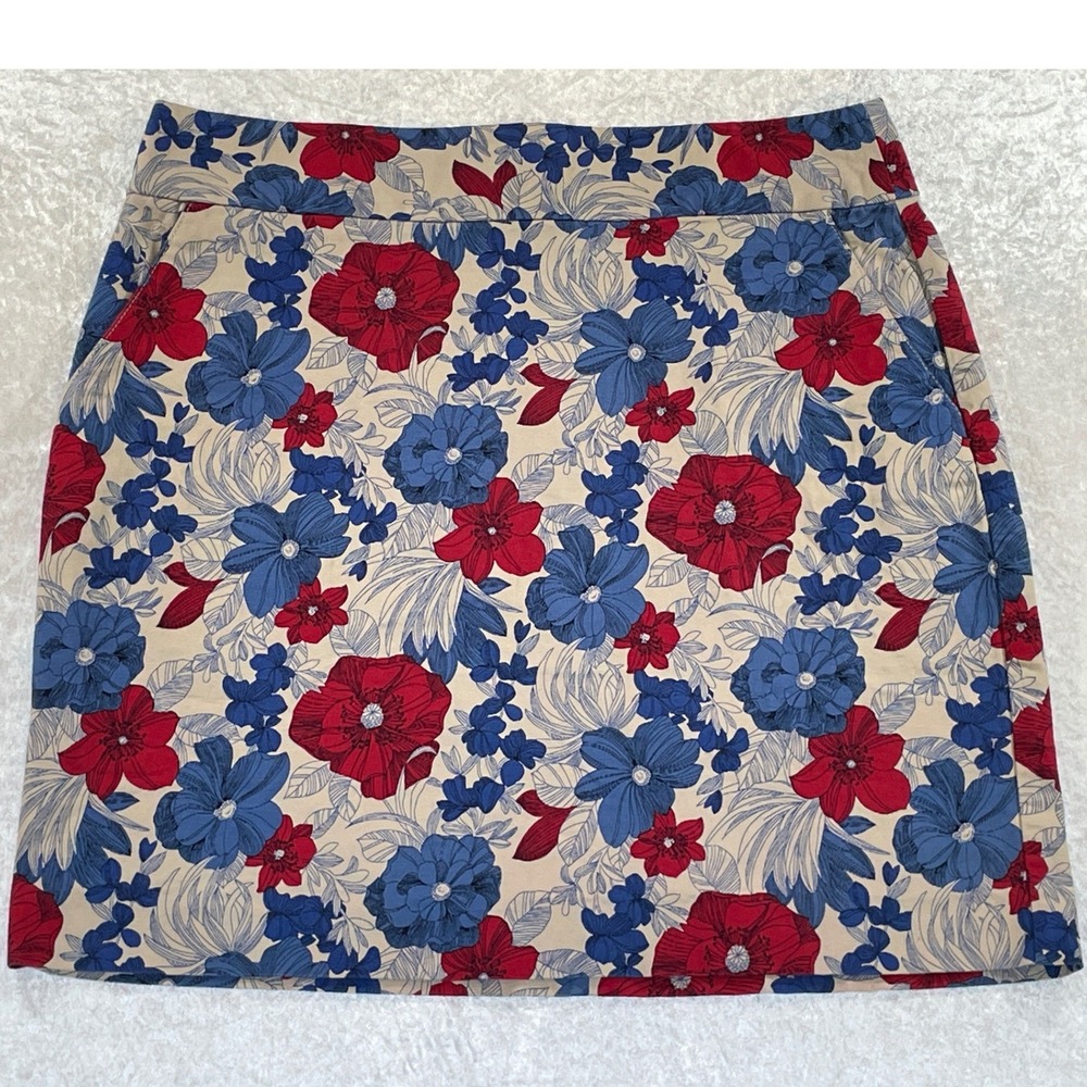 Talbots Skirt Women 12 Red Blue Floral Good A-Line Cotton Stretch Pockets LK4974